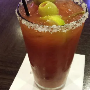 Spicy Bloody Mary with salted rim and green olives