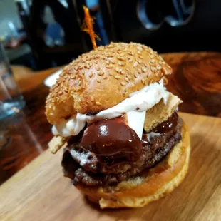 Thunder smores: 2 grilled beef patties w/gram crackers chocolate and marshmallows all That's missing is a camp fire!