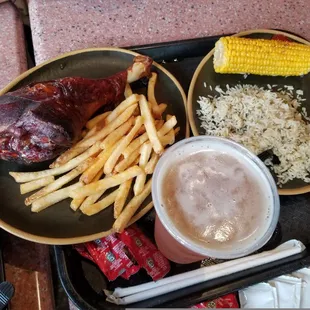Turkey leg. Side corn. Side rice. IPA