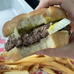 Single, no cheese. Mustard, pickle, onion.