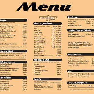 menu for thunderbird grill