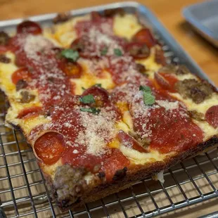 Pepperoni and sausage pizza.