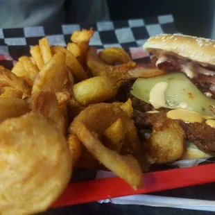 a basket of fries and a burger