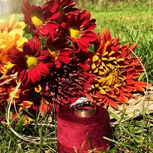 Fall scene featuring ladies&apos; three stone engagement ring and men&apos;s band, exclusively from Thurber Jewelers.