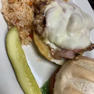 BBQ chicken sandwich with Spanish rice