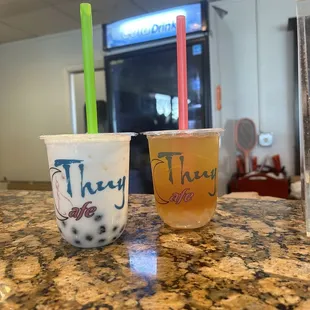 Regular Size Hazelnut Tea with Tapioca Boba (left) Lychee Regular Size Green Tea with Lychee Jelly (right)
