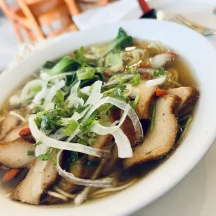&quot;Duck&quot; Noodle Soup $11.45 Yellow wheat noodles cooked with goji berries, bok choy, and smoked soy duck.