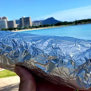 Lucky I Live HAWAII!!! My Chicken Burrito, with the iconic Diamond Head in the background.