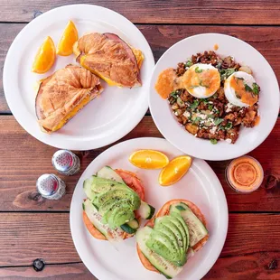 Veggie bagel. Croissant Sandwich. Chorizo Hash