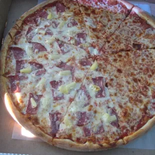 half cheese (my favorite) and half ham and pineapple (husbands favorite)