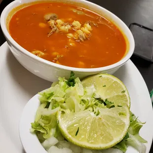 This is a pozole sopa my husband ordered. All flavor and absolutely delicious! Muy bueno!