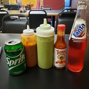 Some cold beverages fornthose flavorful hot sauce. From mild to hot in this photo!