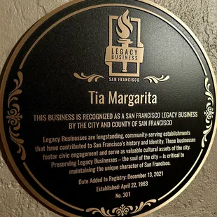 a plaque on the wall