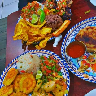 Chuleta (2 Porkchops) platter, garlic shrimp, pupusa revuelta. DELICIOUS!
