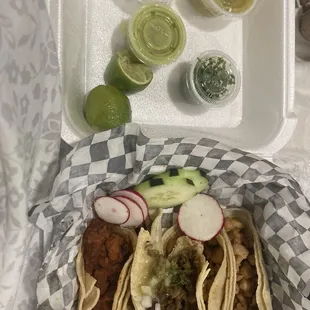 Pollo, asada, and el pastor tacos.