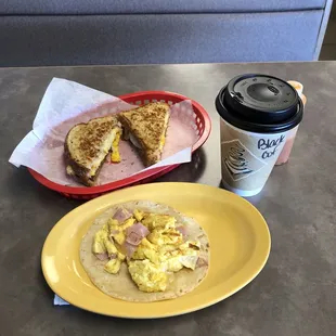 Breakfast sandwich. Ham taco coffee