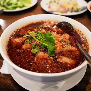 Hot &amp; Spicy Boiled Fish Fillet (水煮魚片): fish fillet, bamboo shoots, bean sprouts, Sichuan peppercorn, dry chili and spicy bean paste ($24.99)