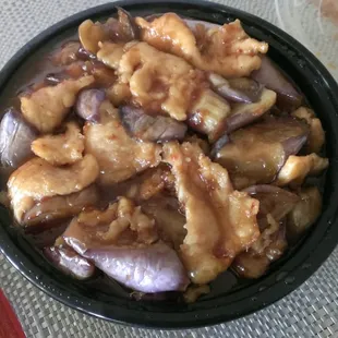 Chicken with Chinese Eggplant, in spicy garlic sauce. Great taste, tender chicken, but a tiny bit sweet for my taste.