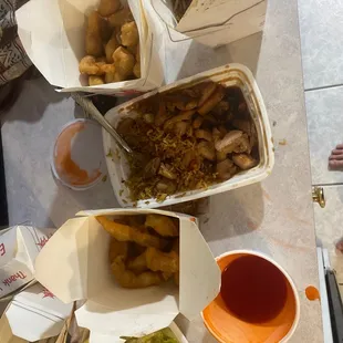 "Bourbon chicken" , sweet and sour chicken, beef lo mein, chicken chop suey.