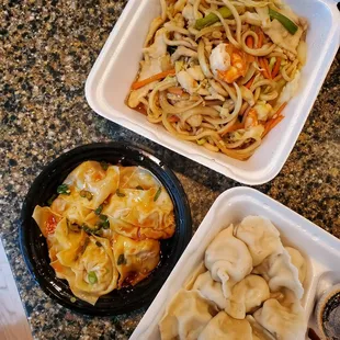 Combination Chow Mein ($12.95), Szechuan Spicy Wontons ($9.95) &amp; Pork and Scallion Dumplings ($10.95)