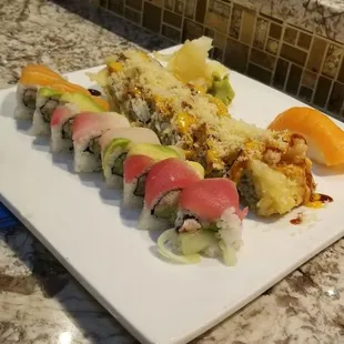Rainbow, dynamite, and smoked salmon sushi