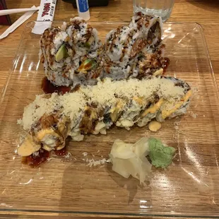 Eel Avocado, Salmon Skin Roll, and Dynamite Roll