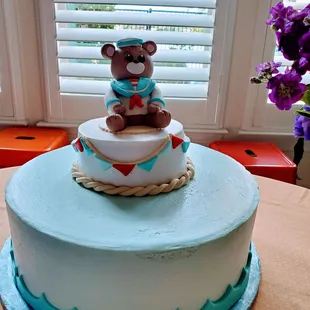 Buttercream frosting and fondant bear. The cake was super moist and everyone loved it.