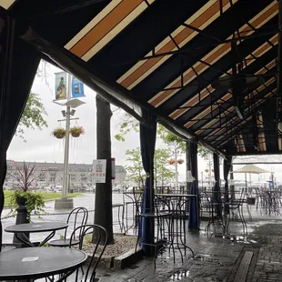 tables and chairs on a rainy day