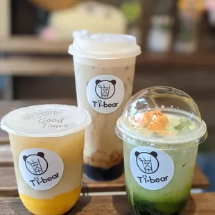 From left to right: Mango Genmaicha Latte w/ Oat Milk (extra for milk substitution), QQ Mochi Milk Tea w/ boba, Thai Green Float Latte.
