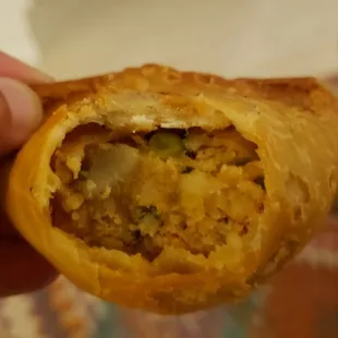 Interior of vegetable samosa ($6), vegan by default. Decent.