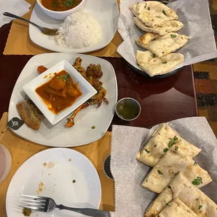 Garlic naan, beef shapta, and lamb briyani