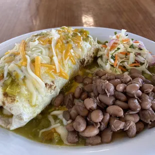 Burrito smothered in green chili and beans