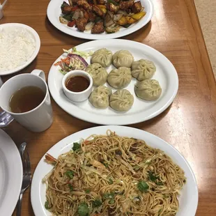 Chicken chowmein, veggie momo, and chili chicken. Yum!!