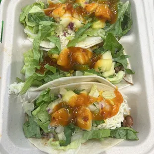 barbacoa tacos with cheese, lettuce, pineapple salsa and their Boca Loca sauce which is a nice sweet/spicy mango habanero!