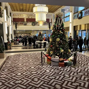 a christmas tree in a lobby