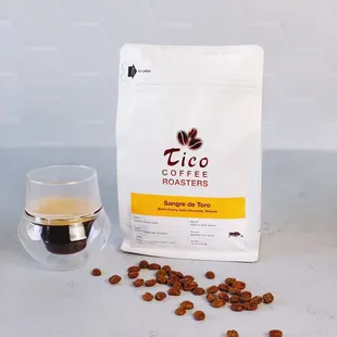 Sangre de Toro Espresso Blend. This coffee is rich, bold and is layered with juicy notes of black cherries, almonds and chocolate