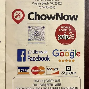 Paper menu (8/16/2024). Apparently they have a Virginia Beach location too!