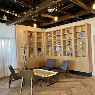 open shelves and chairs