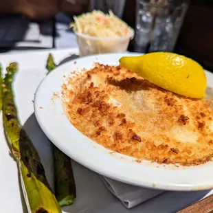 Baked Scallops. $34. Sea scallops, butter and bread crumbs. I chose grilled asparagus and coleslaw as my sides.