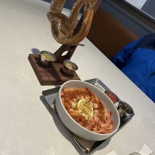 Pretzel with beer cheese and mustard dips and boiled chilled Mayport shrimp! Yum!