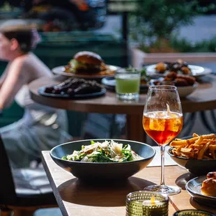 a table full of food and drinks