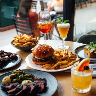 a table of food and drinks