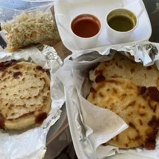 Salad, pupusas, and salsas