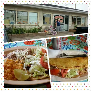 2 pork tacos, rice and beans for one meal.  Quesidilla on right.