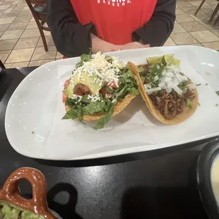 Steak tostada, pastor taco.
