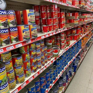a shelf of canned food
