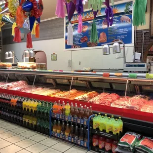 a display of various foods and drinks