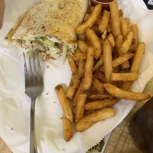 Chicken quesadilla and fries