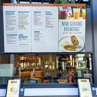 Breakfast Menu 8am-11am and ordering kiosks