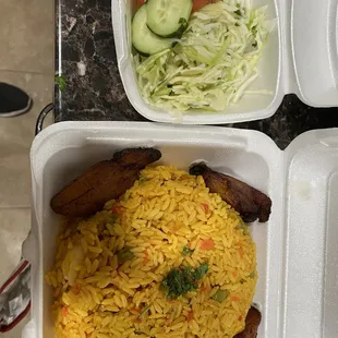 Shrimp &amp; Rice with sweet plantains and salad